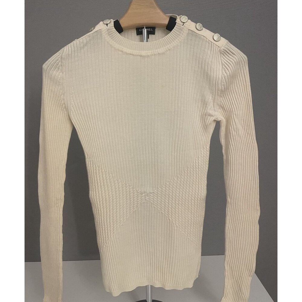 Chanel Cream Ribbed Knit Sweater With Button Shoulder Detail & Textured Design